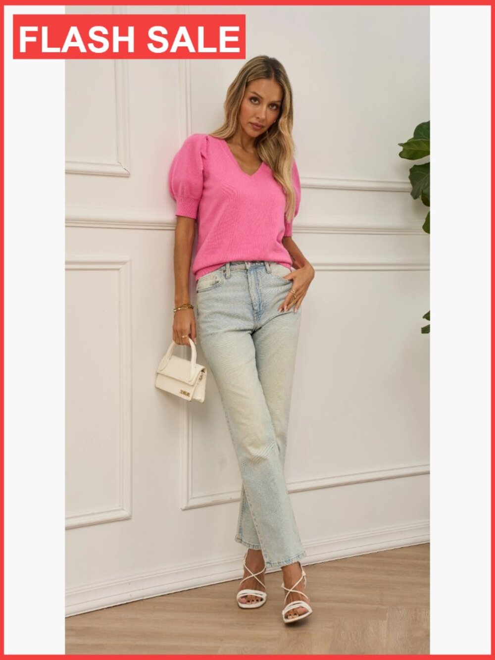 V-Neck Puff Short Sleeve Knit Pullover Sweater Blouse Casual Top - Picture 6 of 6